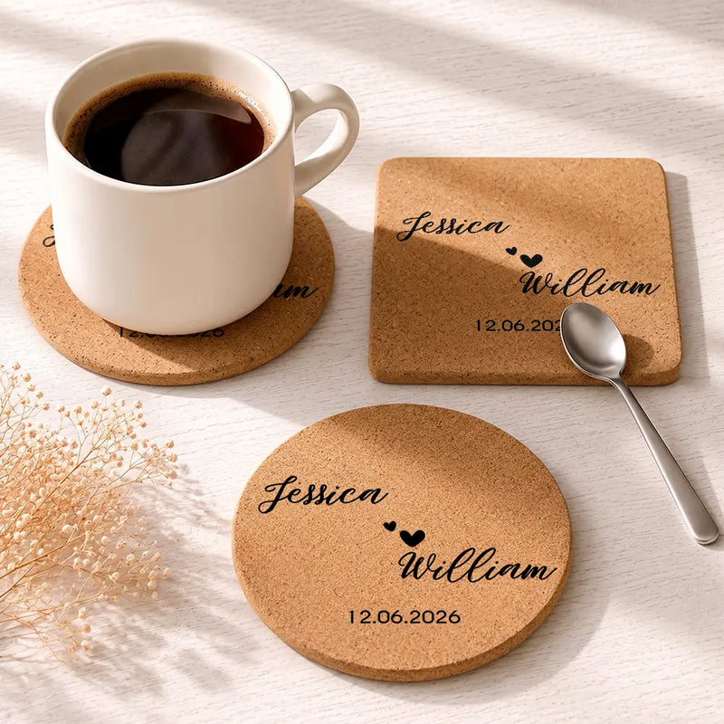 Romantic, Gift For Couples, Wedding, Monogram - Custom Name And Date Wedding Favors - Personalized Cork Coaster