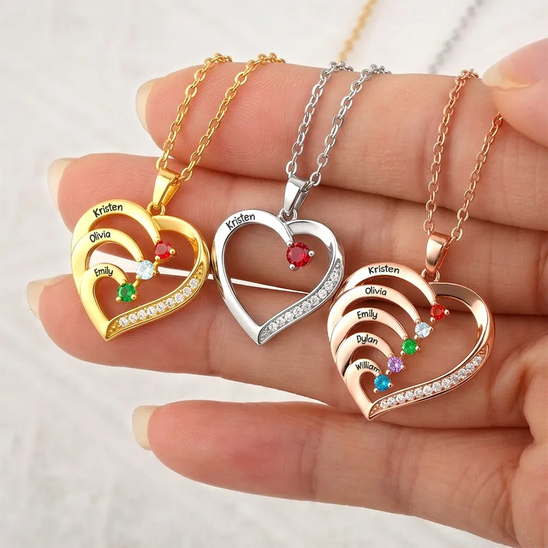 Gift For Women,Gift For Yourself,Gift For Mother,Love,Happy - Custom Name And Gemstones Jewelry For Grandma Mom - Personalized Birthstone Heart Necklace