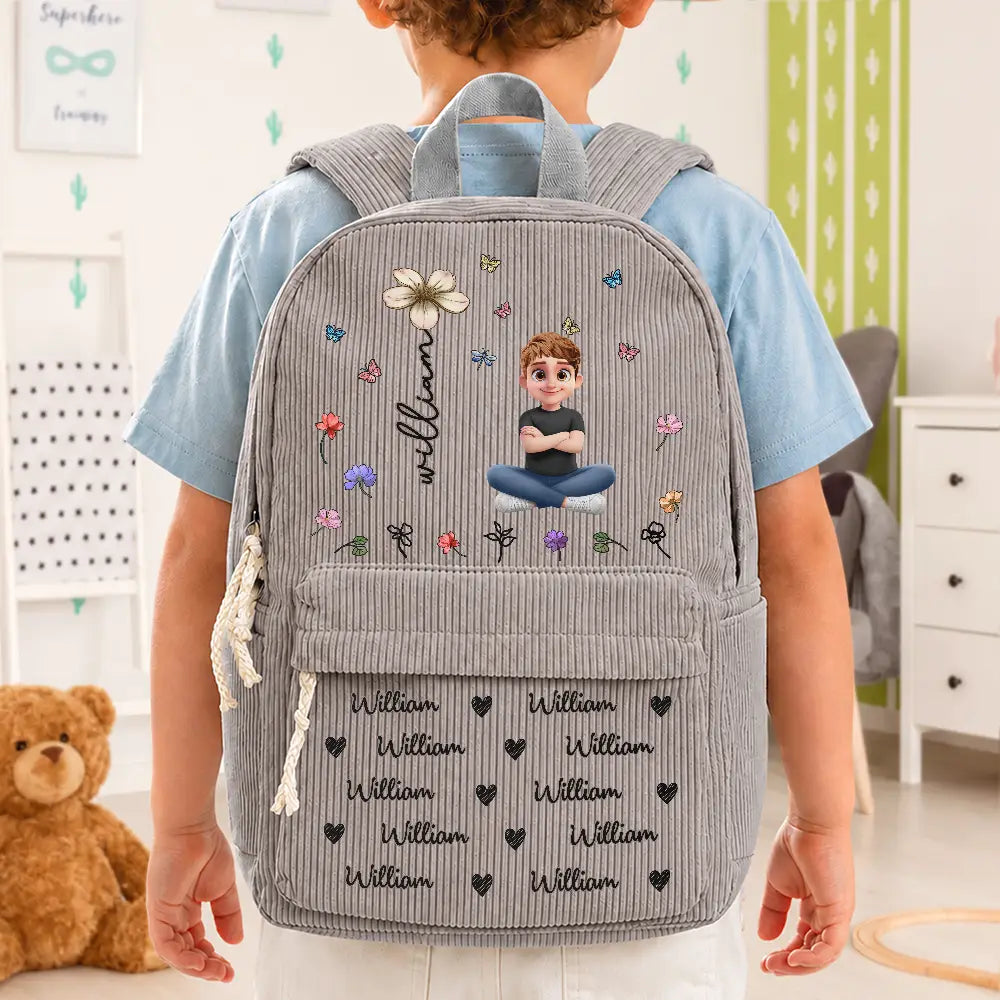 Back To School, Family, Confident, Vector - Custom Name Birth Flower Cartoon Character - Personalized Corduroy Backpack