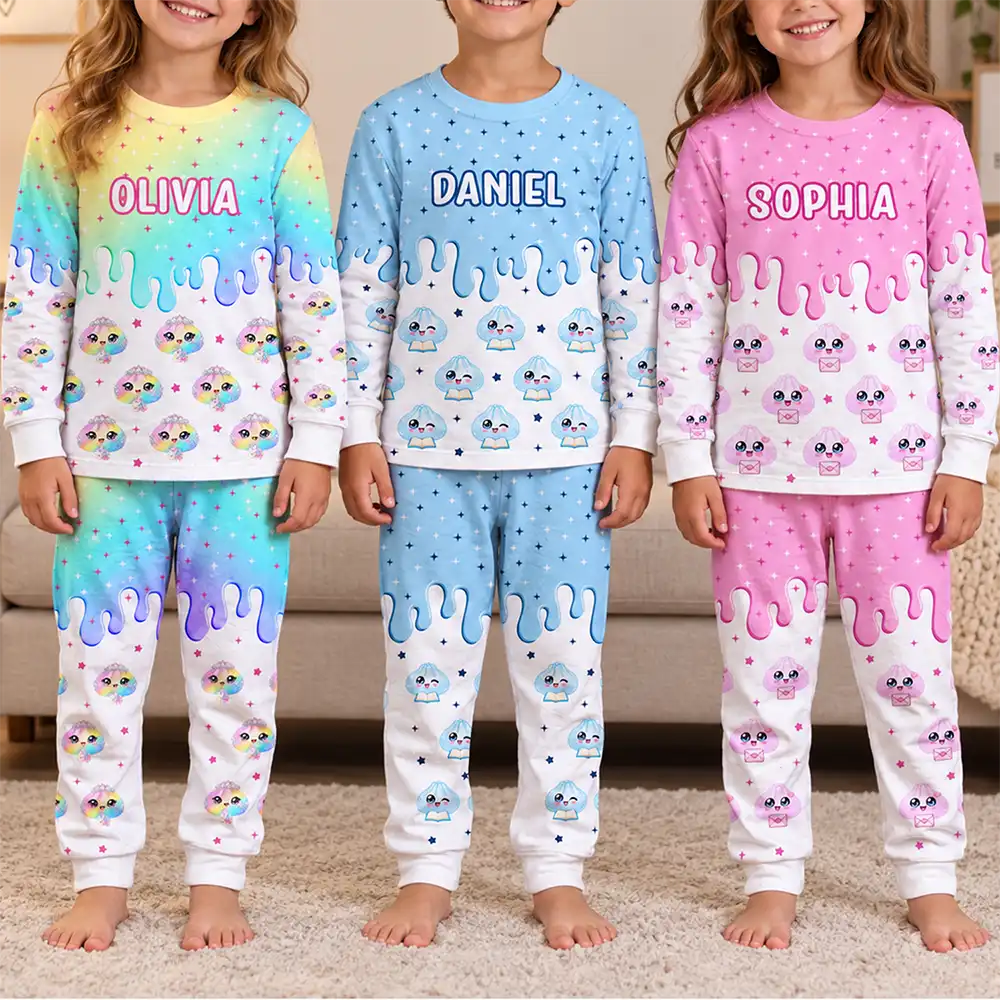 Playful,Christmas,Gift For Kids,Icon - Custom Name Dumpling Pattern Dripping Ice Cream Squishy Hunting Gift For Kids - Personalized Kid Pajamas Set
