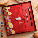 Gift For Grandma,Gift For Mother,Love,Happy - Custom Name Faux Pressed Birth Flower - Personalized Leather Notebook Set