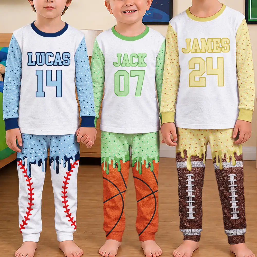 Custom Name Ice Cream Drip For Baseball Basketball Football Lovers - Personalized Kid Pajamas Set