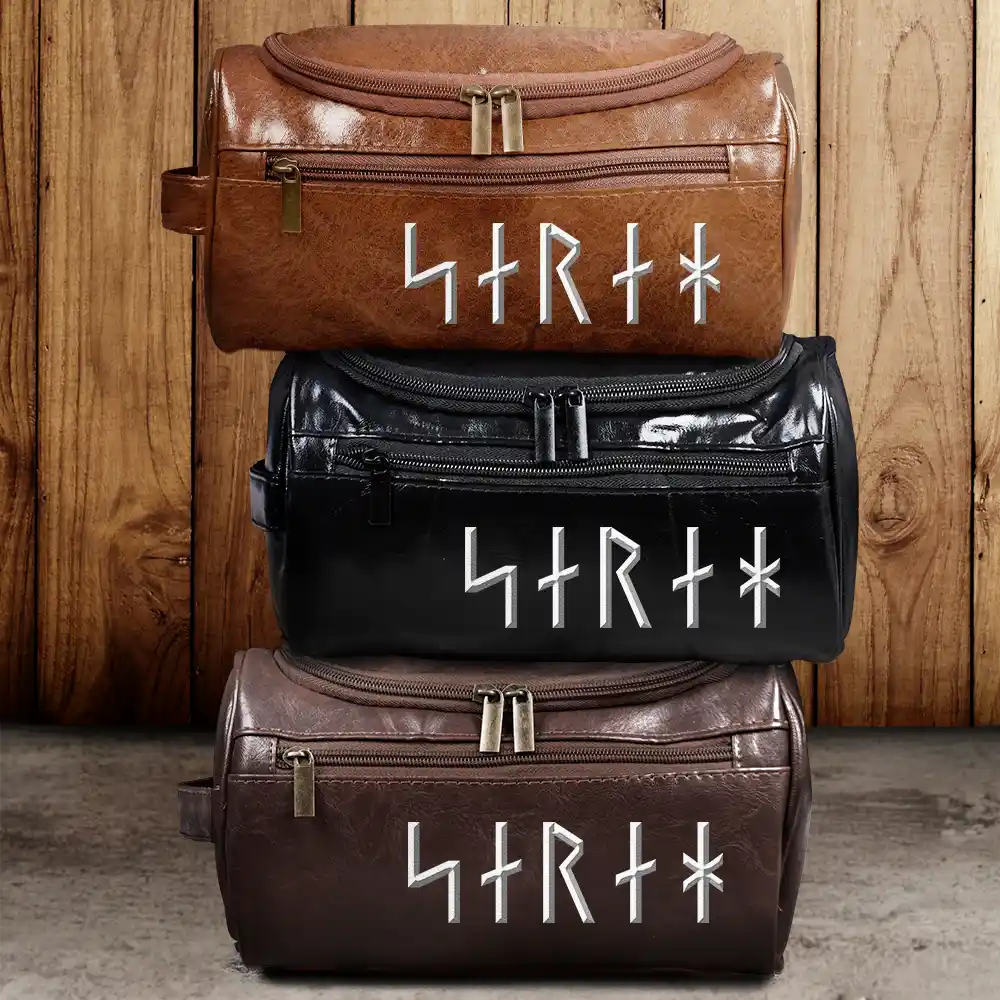 Gift For Yourself,Happy - Custom Name In Viking Runes Warrior Camping Hiking - Personalized Leather Toiletry Bag