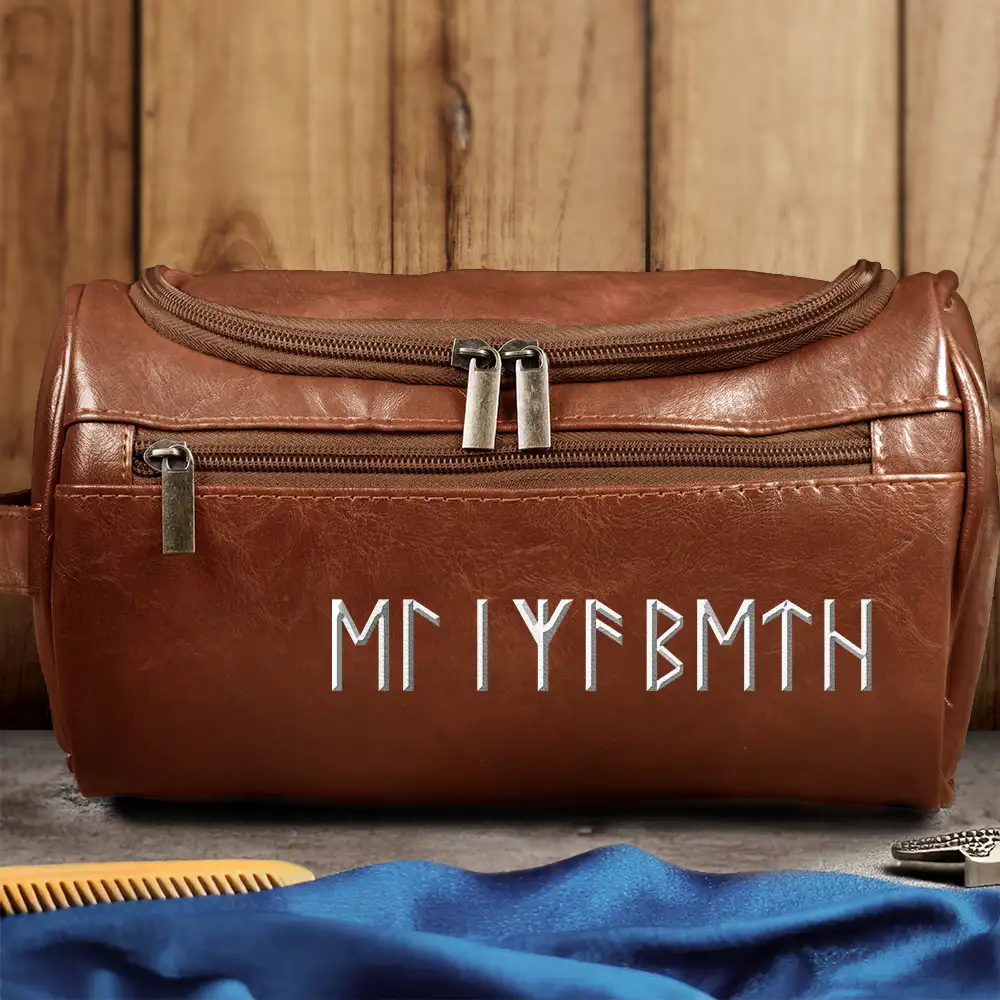 Gift For Yourself,Happy - Custom Name In Viking Runes Warrior Camping Hiking - Personalized Leather Toiletry Bag