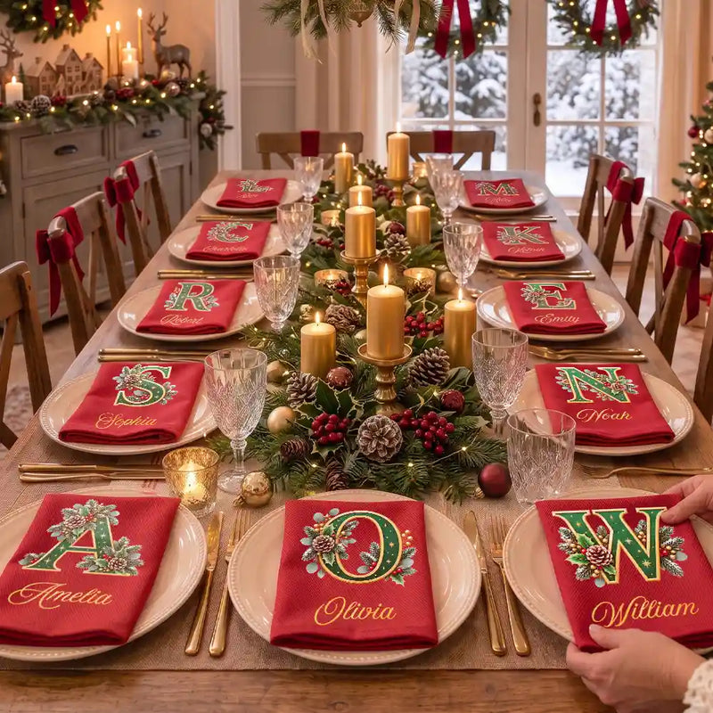 Top Market,Sentimental,Christmas,Family,Icon - Custom Name Monogram Christmas Holly Wreath Family Gift - Personalized Reusable Napkin