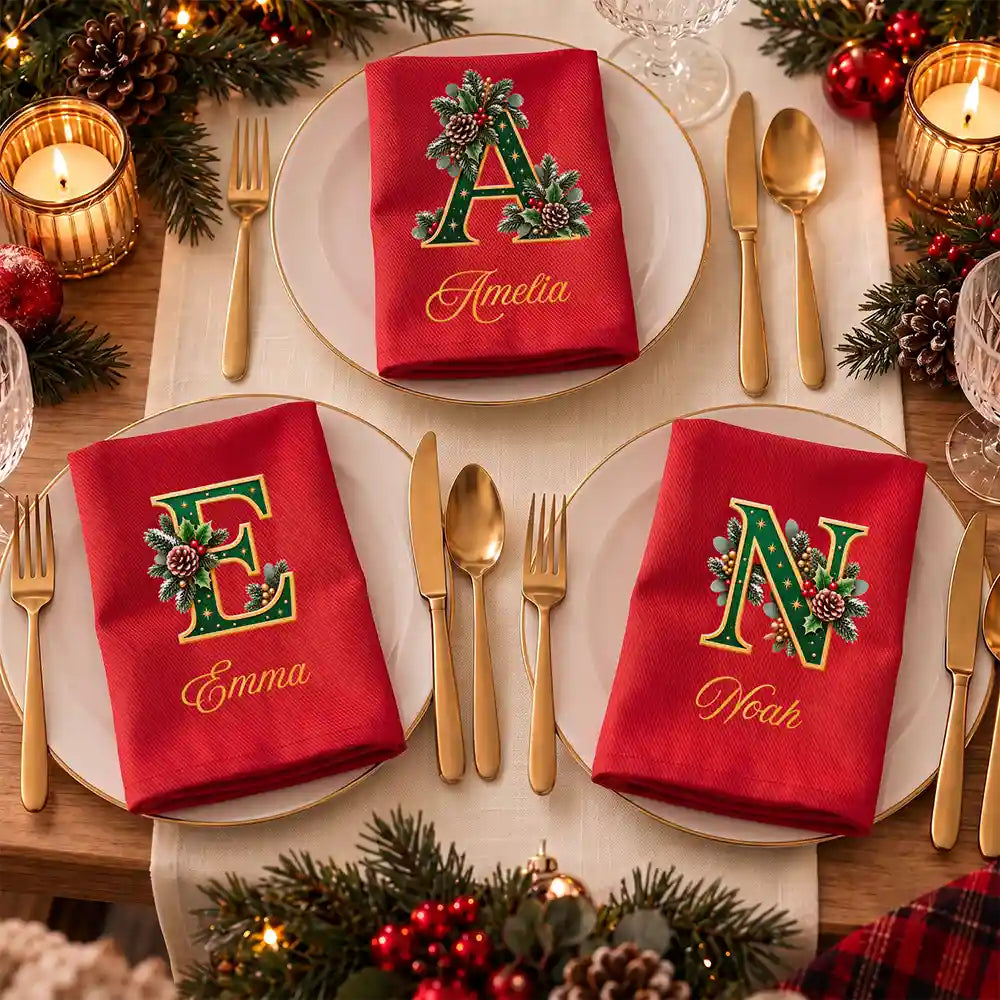 Top Market,Sentimental,Christmas,Family,Icon - Custom Name Monogram Christmas Holly Wreath Family Gift - Personalized Reusable Napkin
