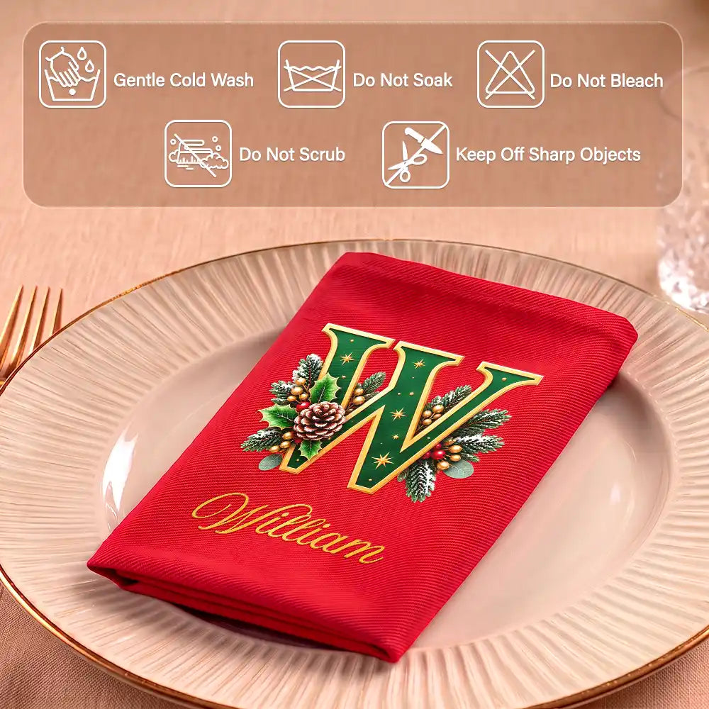 Top Market,Sentimental,Christmas,Family,Icon - Custom Name Monogram Christmas Holly Wreath Family Gift - Personalized Reusable Napkin