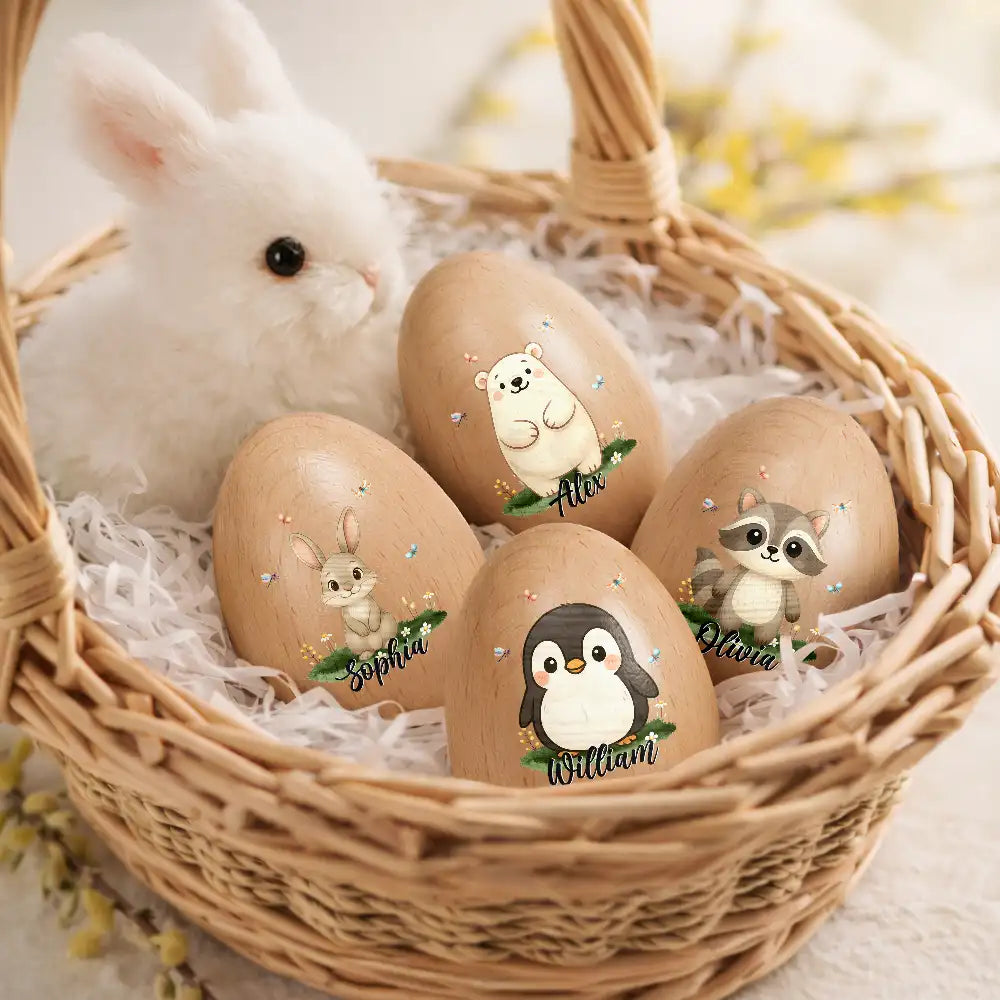Easter,Non-Eng,Gift For Kids,Gift For Grandkids,Grandma - Grandkids,Grandpa - Grandkids,Dad - Children,Mom - Children,Happy - Custom Name With Adorable Animal - Personalized Musical Wooden Easter Egg Shaker