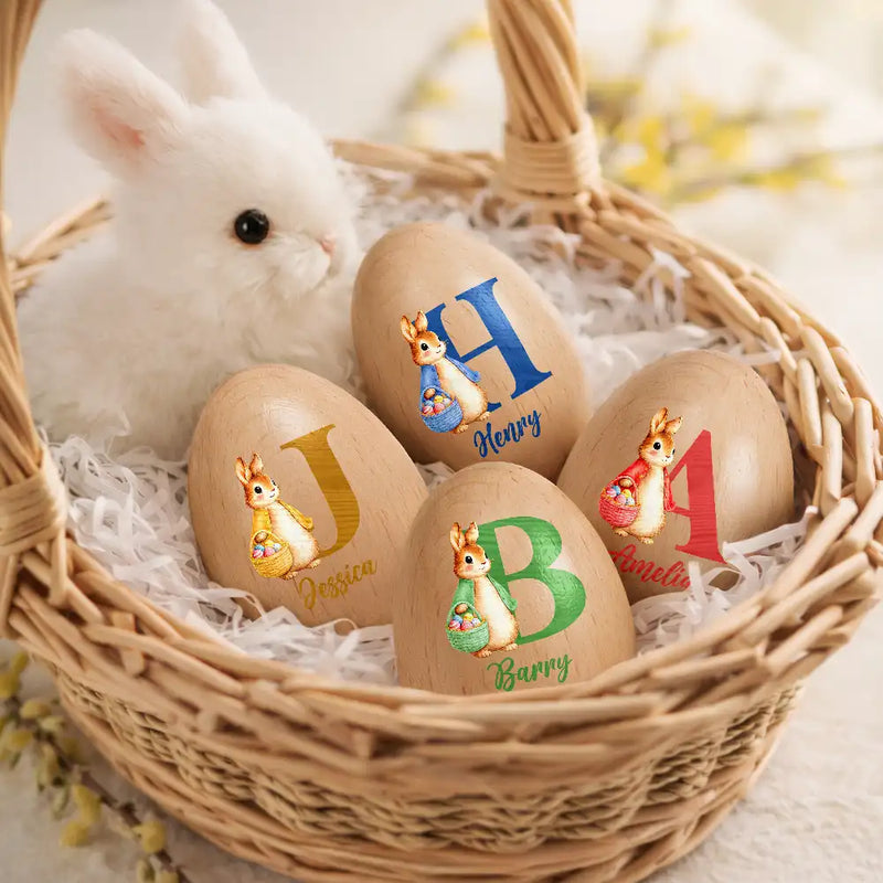 Easter,Non-Eng,Gift For Kids,Gift For Grandkids,Grandma - Grandkids,Grandpa - Grandkids,Dad - Children,Mom - Children,Happy - Custom Name With Bunny Holding An Egg Basket - Personalized Musical Wooden Easter Egg Shaker