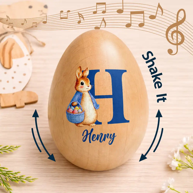 Easter,Non-Eng,Gift For Kids,Gift For Grandkids,Grandma - Grandkids,Grandpa - Grandkids,Dad - Children,Mom - Children,Happy - Custom Name With Bunny Holding An Egg Basket - Personalized Musical Wooden Easter Egg Shaker