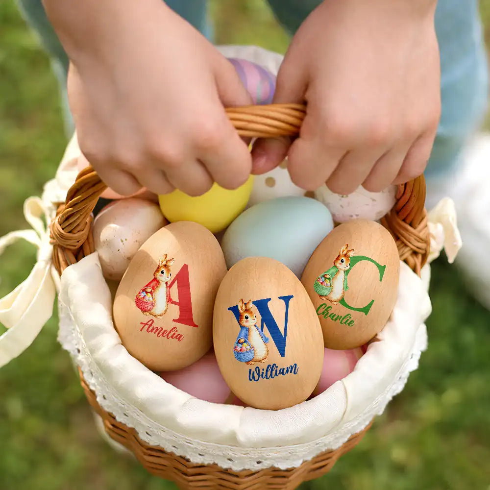 Easter,Non-Eng,Gift For Kids,Gift For Grandkids,Grandma - Grandkids,Grandpa - Grandkids,Dad - Children,Mom - Children,Happy - Custom Name With Bunny Holding An Egg Basket - Personalized Musical Wooden Easter Egg Shaker