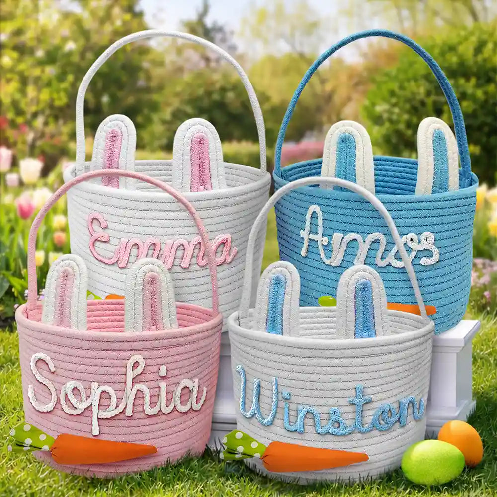 Gift For Kids,Grandpa - Grandkids,Grandma - Grandkids,Gift For Grandkids,Dad - Children,Mom - Children,Easter,Happy - Custom Name With Carrot Bunny Ears - Personalized Easter Basket