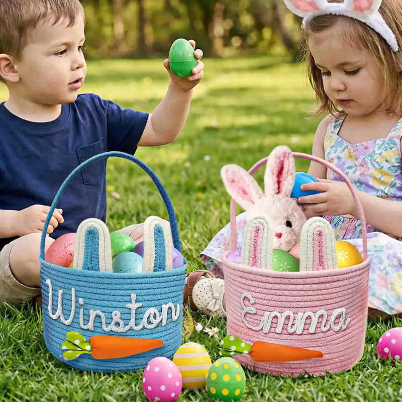 Gift For Kids,Grandpa - Grandkids,Grandma - Grandkids,Gift For Grandkids,Dad - Children,Mom - Children,Easter,Happy - Custom Name With Carrot Bunny Ears - Personalized Easter Basket