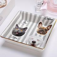 Pet Lovers,Pet Mom,Pet Dad,Pet Couple,Dog Lovers,Dog Mom,Dog Dad,Dog Couple,Cat Lovers,Cat Mom,Cat Dad,Cat Couple,Happy - Custom Outline Photo Pet Portrait Stripe Style - Personalized Ring Dish