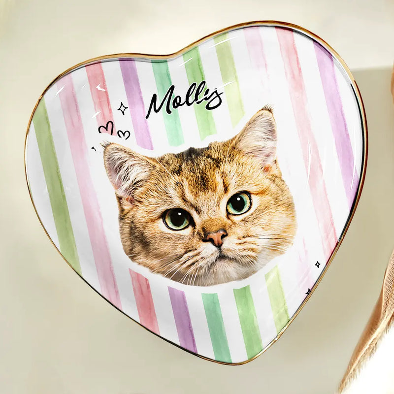 Pet Lovers,Pet Mom,Pet Dad,Pet Couple,Dog Lovers,Dog Mom,Dog Dad,Dog Couple,Cat Lovers,Cat Mom,Cat Dad,Cat Couple,Happy - Custom Outline Photo Pet Portrait Stripe Style - Personalized Ring Dish