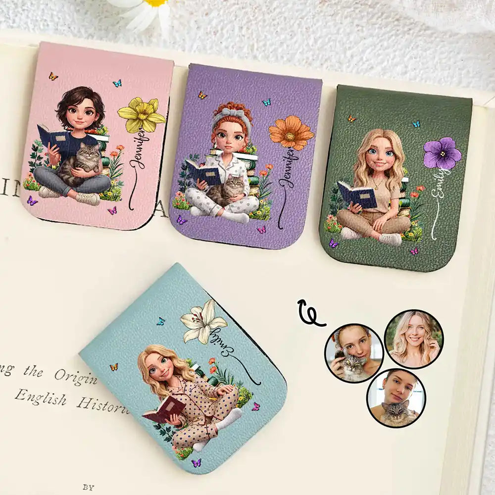 Adorable,Art Design,Christmas,Reading,Gift For Yourself,Gift For Women,Photo - 3D Reading Woman & Man - Custom Photo 3D Book Lover Birth Month Flowers - Personalized Leather Magnetic Bookmark
