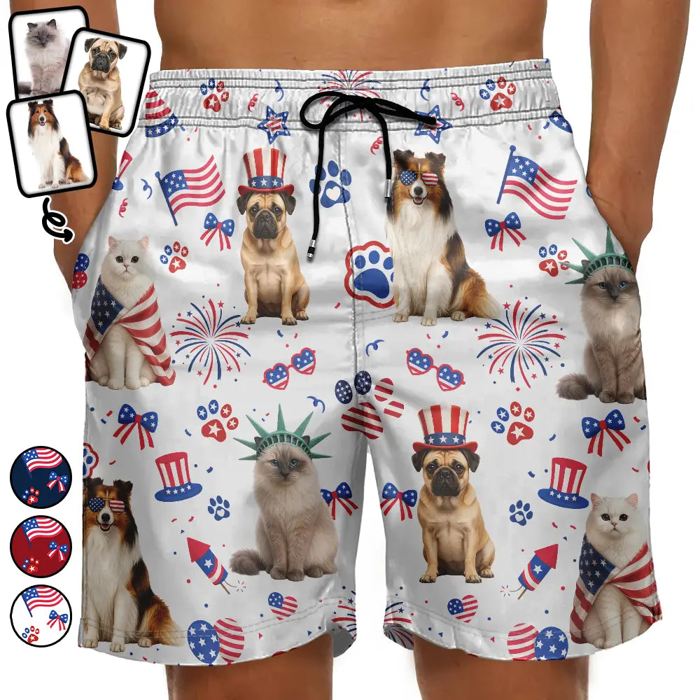 Custom Photo 3D Cartoon With US Accessories Happy Summer Dog Cat Pet - Personalized Unisex Beach Shorts