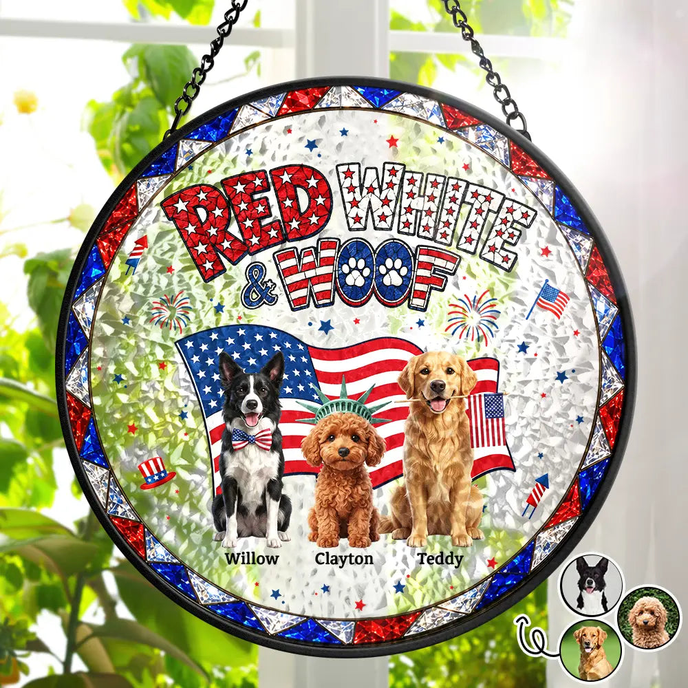 Custom Photo 3D Cartoon With US Accessories Red White Woof - Personalized Stained Glass Window Hanging Suncatcher