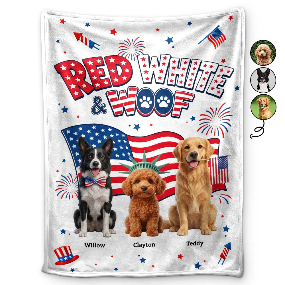 America 250th,Custom Photo,Independence Day,Art Design,Pet Lovers,Playful,Photo - US Theme Accessories 3D Cartoon - Custom Photo 3D Cartoon With US Accessories Red White Woof - Personalized Fleece Blanket, Sherpa Blanket