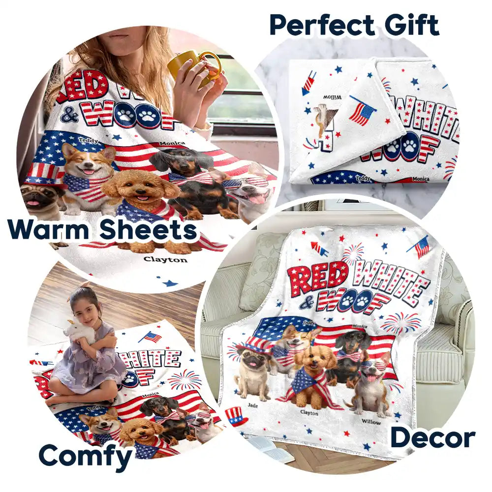 America 250th,Custom Photo,Independence Day,Art Design,Pet Lovers,Playful,Photo - US Theme Accessories 3D Cartoon - Custom Photo 3D Cartoon With US Accessories Red White Woof - Personalized Fleece Blanket, Sherpa Blanket