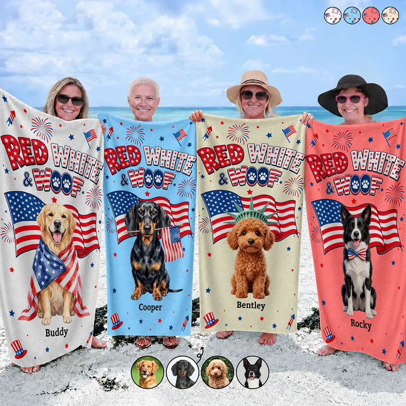 America 250th, Custom Photo, Independence Day, Art Design, Pet Lovers, Playful, Photo - US Theme Accessories 3D Cartoon - Custom Photo 3D Cartoon With US Accessories Red White Woof - Personalized Beach Towel