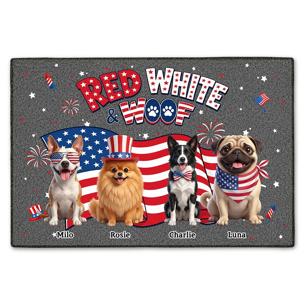 America 250th,Custom Photo,Independence Day,Art Design,Pet Lovers,Playful,Photo - US Theme Accessories 3D Cartoon - Custom Photo 3D Cartoon With US Accessories Red White Woof - Personalized Doormat