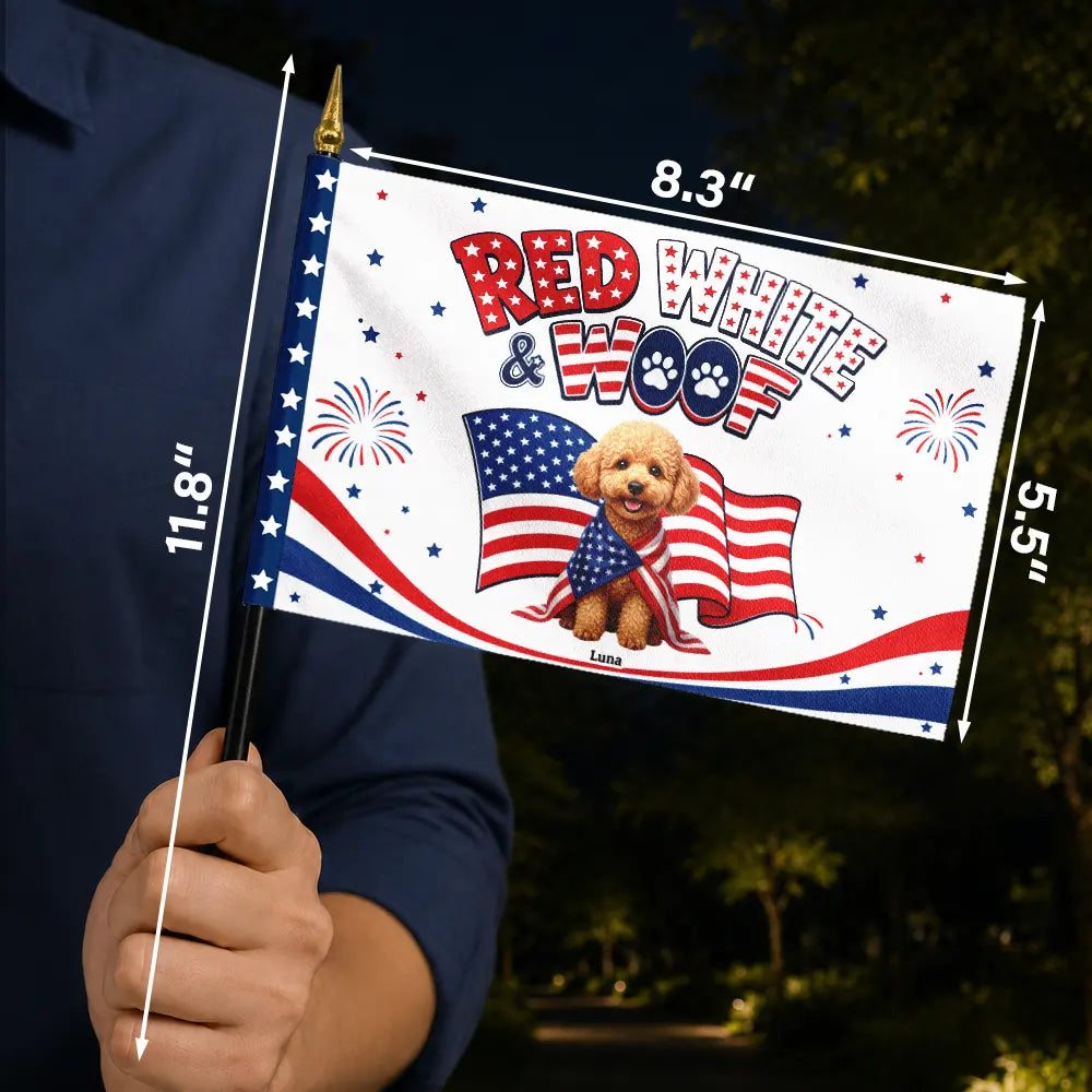 America 250th,Custom Photo,Independence Day,Art Design,Family,Proud,Photo - US Theme Accessories 3D Cartoon - Custom Photo 3D Cartoon With US Accessories Red White Woof - Personalized Handheld Flag