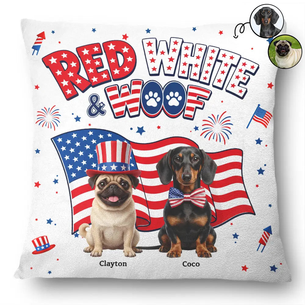 Custom Photo 3D Cartoon With US Accessories Red White Woof - Personalized Pillow