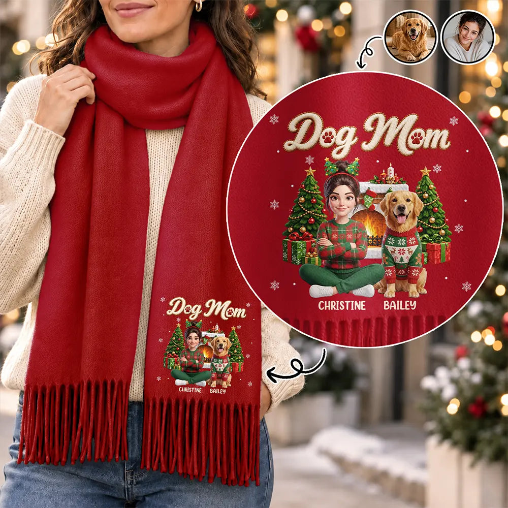 Custom Photo 3D Christmas Concept Pet Mom Christmas Snowflake Pattern - Personalized Tassel Scarf