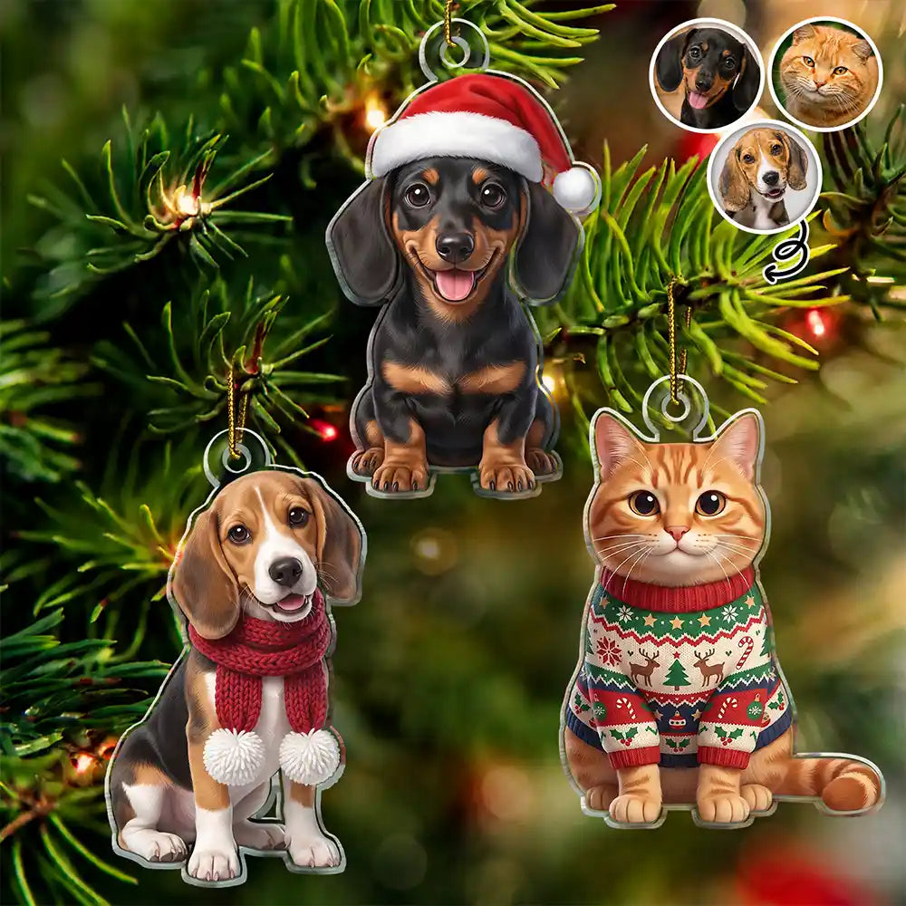 Custom Photo 3D Christmas Themed Pet Funny Dog Cat - Personalized Custom Shaped Acrylic Ornament