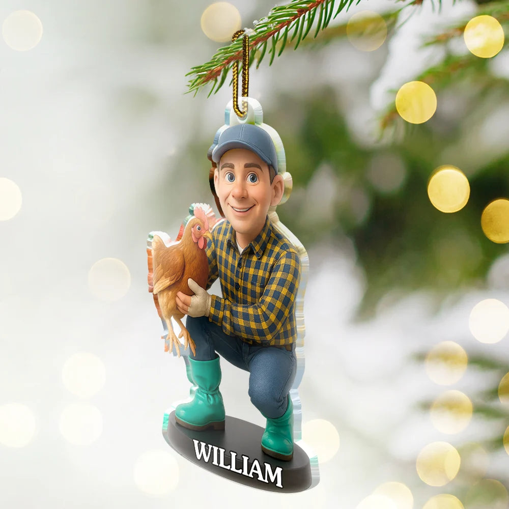 Farm, Gift For Yourself, Gift For Women, Gift For Men, Happy, Christmas - Custom Photo 3D Effect Figure Art Chicken Farmer - Personalized Custom Shaped Acrylic Ornament