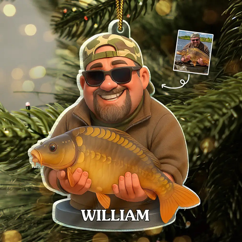 Funny, Christmas, Fishing, Gift For Yourself, Gift For Women, Gift For Men - Custom Photo 3D Effect Figure Art Fishing Fisherman - Personalized Custom Shaped Acrylic Ornament
