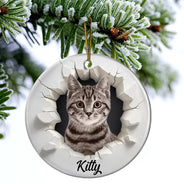 Christmas, Happy, Pet Lovers, Dog Lovers, Cat Lovers - Custom Photo 3D Effect Snow Funny Dog Cat Pet - Personalized Circle Ceramic Ornament