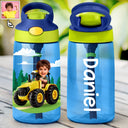 Farm,Gift For Kids,Custom Photo,Happy - Custom Photo 3D Effect Tractor Farmer - Personalized Kids Water Bottle With Straw
