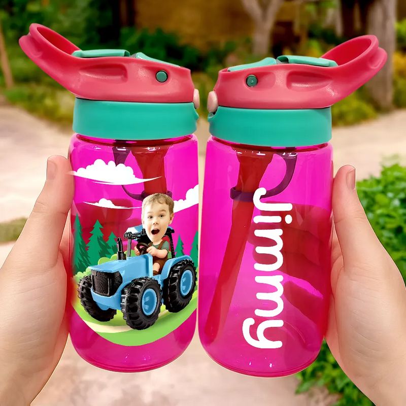 Farm,Gift For Kids,Custom Photo,Happy - Custom Photo 3D Effect Tractor Farmer - Personalized Kids Water Bottle With Straw