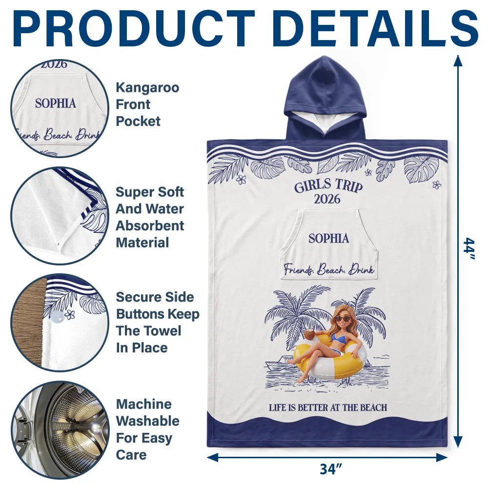 Art Design, Gift For Bestie, Humorous, Beach, Custom Photo, Summer, Photo - Swimming Float 3D Effect - Custom Photo 3D Girls Trip Summer Concept - Personalized Hooded Poncho Towel