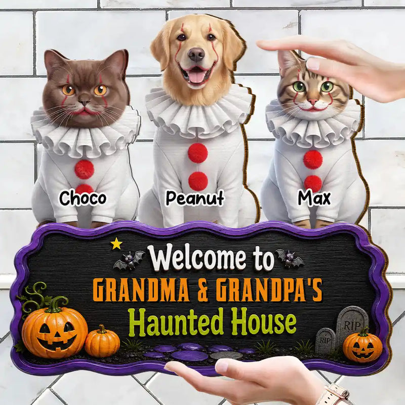 Art Design,Playful,Halloween,Pet Lovers,Photo - Halloween Theme Accessories 3D Cartoon - Custom Photo 3D Halloween Themed Pet Welcome To Haunted House - Personalized Custom Shaped Wood Sign