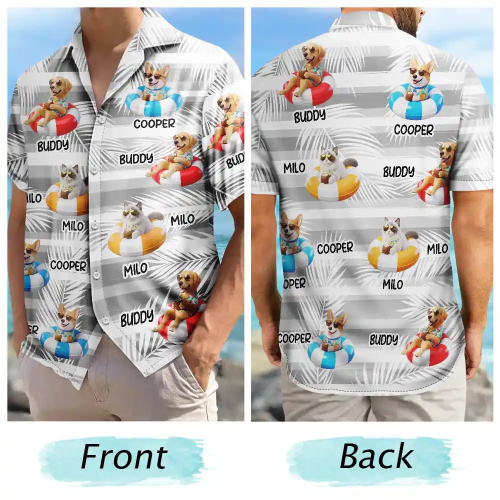 Custom Photo, Art Design, Summer, Pet Lovers, Playful, Photo - Swimming Float 3D Effect - Custom Photo 3D Summer Concept Poolside Beach Vacation Dog Cat - Personalized Hawaiian Shirt