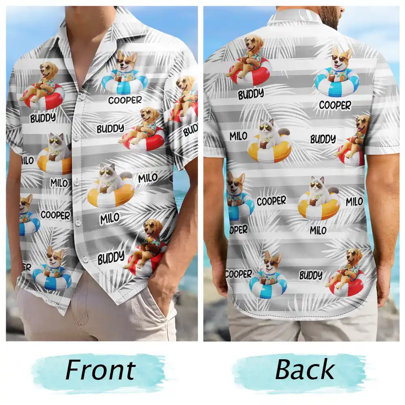 Custom Photo, Art Design, Summer, Pet Lovers, Playful, Photo - Swimming Float 3D Effect - Custom Photo 3D Summer Concept Poolside Beach Vacation Dog Cat - Personalized Hawaiian Shirt
