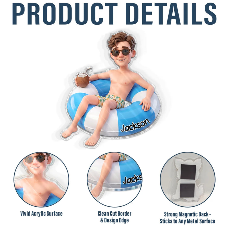 Custom Photo, Art Design, Summer, Family, Cruising, Adorable, Photo - Swimming Float 3D Effect - Custom Photo 3D Summer Concept Swimming Float Cruising - Personalized Acrylic Magnet