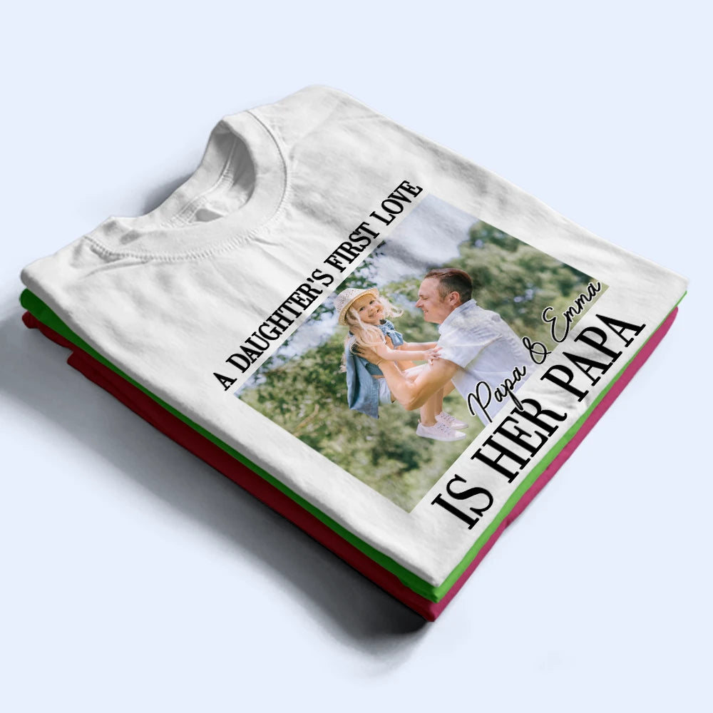 Custom Photo,Gift For Father,Dad - Daughters (Young),Dad - Sons,Happy,Non-Eng,Photo,Inspirational - Custom Photo A Son's First Hero A Daughter's First Love - Personalized T Shirt