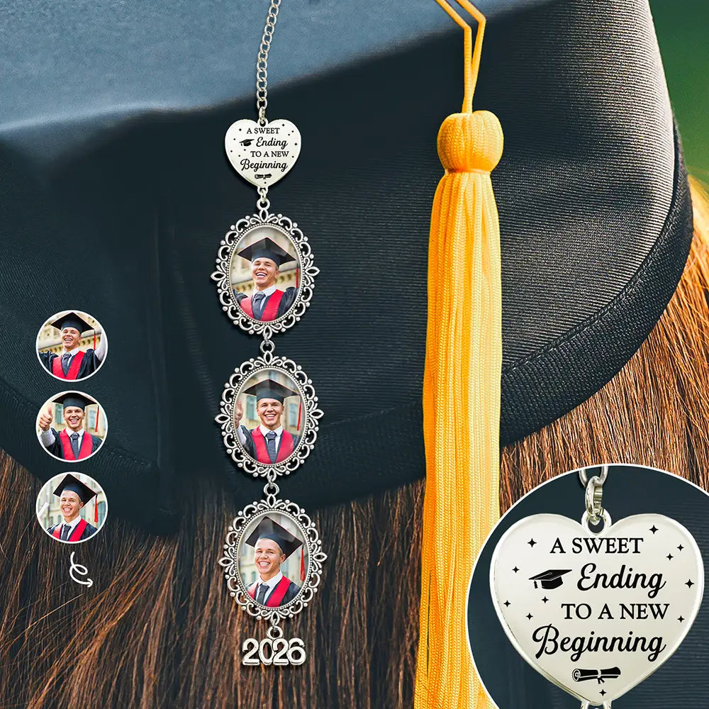 Graduation,Gift For Daughter,Dad - Daughters (Adult),Mom - Daughters (Adult),Happy,Dad - Sons,Gift For Son,Mom - Sons - Custom Photo A Sweet Ending To A New Beginning - Personalized Graduation Tassel Charm