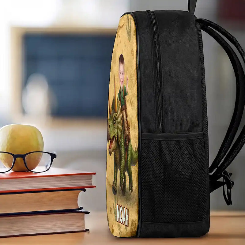 Top Market, Adorable, Back To School, Custom Photo, Gift For Kids, Cut-Face Photo - Custom Photo Adorable Kid Riding Dinosaur Flamingo Unicorn - Personalized Kids Backpack