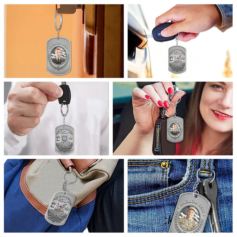 America 250th, Custom Photo, Independence Day, Family, Proud, Remove BG Photo - Custom Photo American Hero 250 Years Of Freedom - Personalized Aluminum Keychain