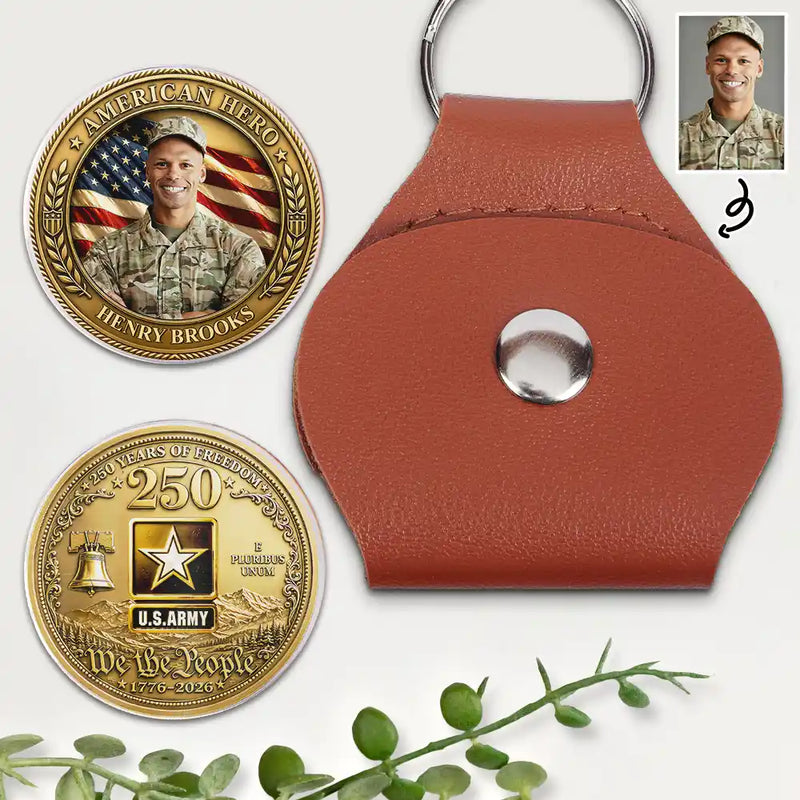 America 250th,Custom Photo,Independence Day,Family,Proud,Remove BG Photo - Custom Photo American Hero 250 Years Of Freedom - Personalized Leather Pocket Hug