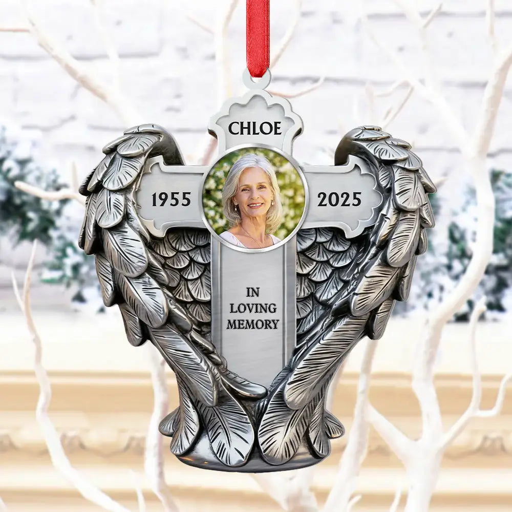 Christian, Family, Memorial, Christmas - Custom Photo Angel Wings Are Always With You - Personalized Metal Ornament