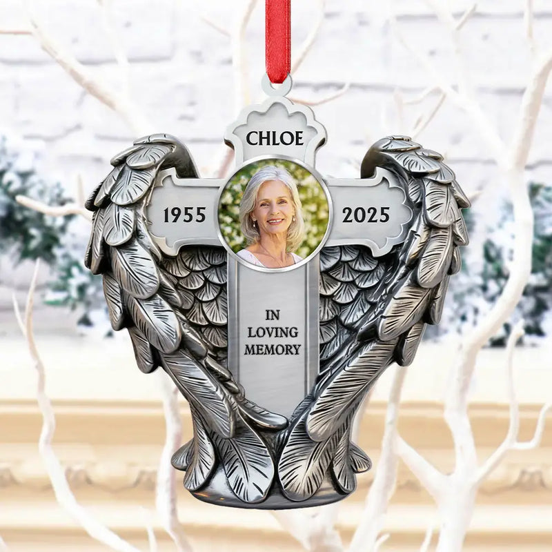 Christian, Family, Memorial, Christmas - Custom Photo Angel Wings Are Always With You - Personalized Metal Ornament