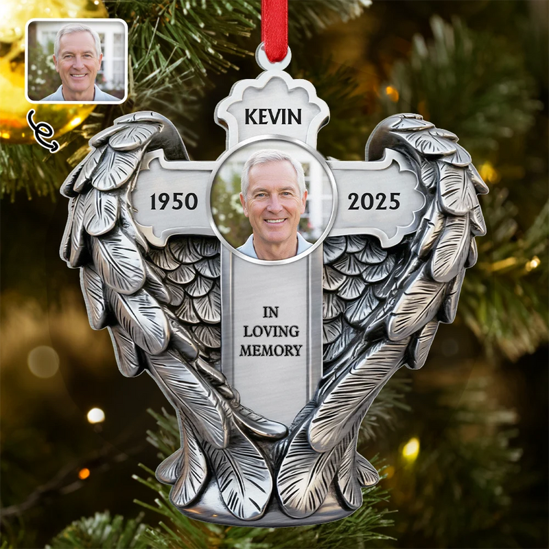 Christian, Family, Memorial, Christmas - Custom Photo Angel Wings Are Always With You - Personalized Metal Ornament