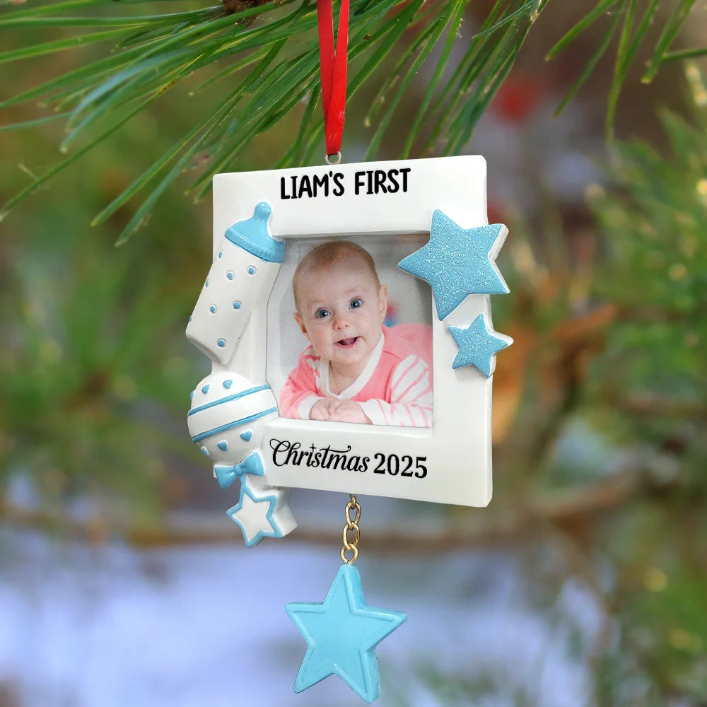 Custom Photo, Christmas, New baby, Family, Happy - Custom Photo Baby First Christmas - Personalized Embossed Ceramic Ornament