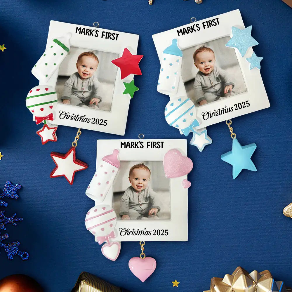 Custom Photo, Christmas, New baby, Family, Happy - Custom Photo Baby First Christmas - Personalized Embossed Ceramic Ornament